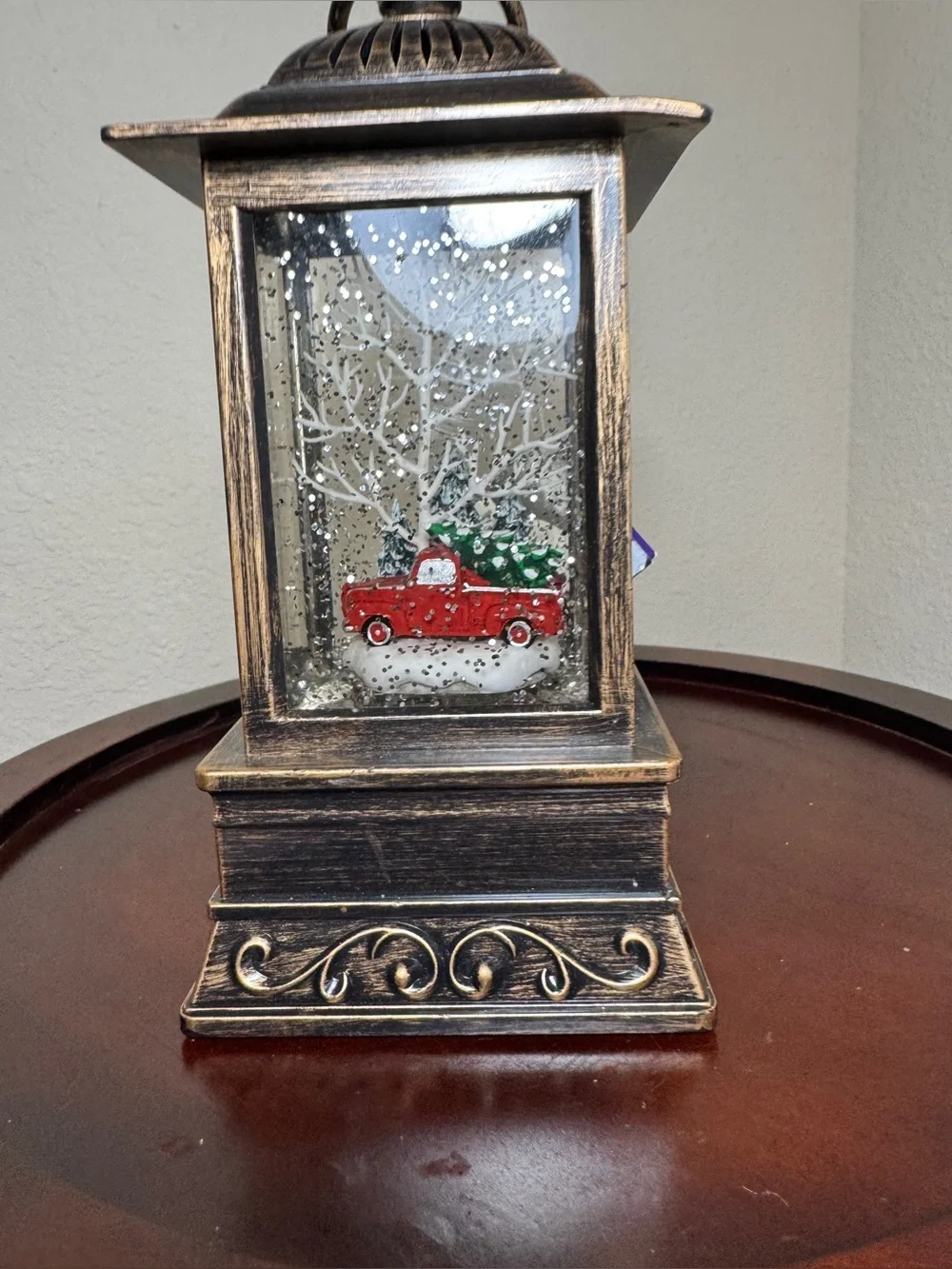Antique Bronze- tone Christmas Lantern Water Globe with Red Truck Decor 9” H